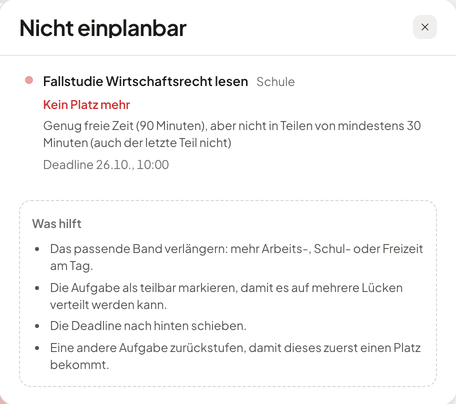 Hinweis «Nicht einplanbar» in PPlaner: Für die Fallstudie Wirtschaftsrecht bleibt vor der Deadline kein Platz, darunter Vorschläge, was hilft