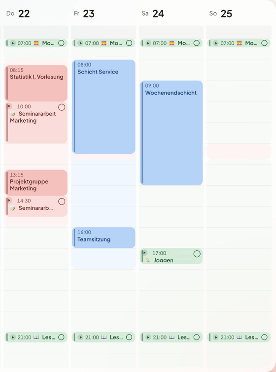Wochenraster in PPlaner von Donnerstag bis Sonntag: feste Termine als volle Flächen, eingeplante Aufgaben heller, freie Zeit dazwischen