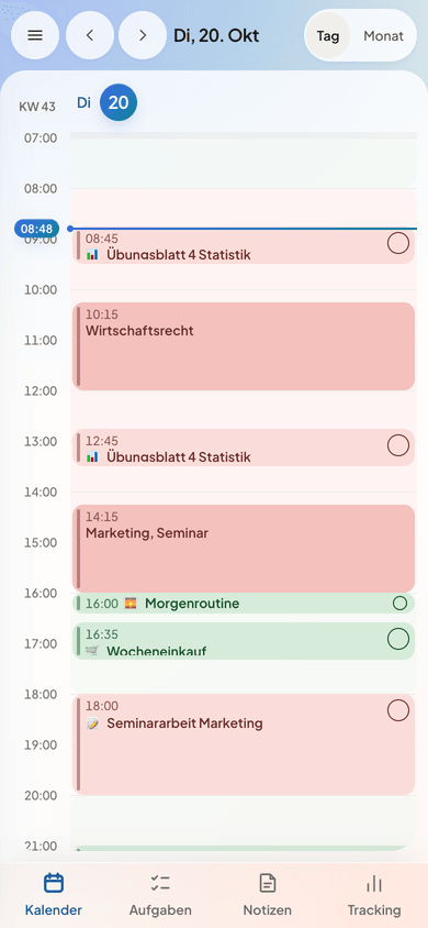 PPlaner am Handy: Tagesansicht mit Schicht, Terminen und eingeplanten Aufgaben